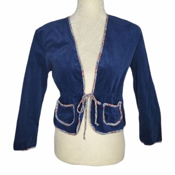Y2K IN HARMONY blazer blue corduroy tie waist cropped jacket S‎ - Picture 1 of 8